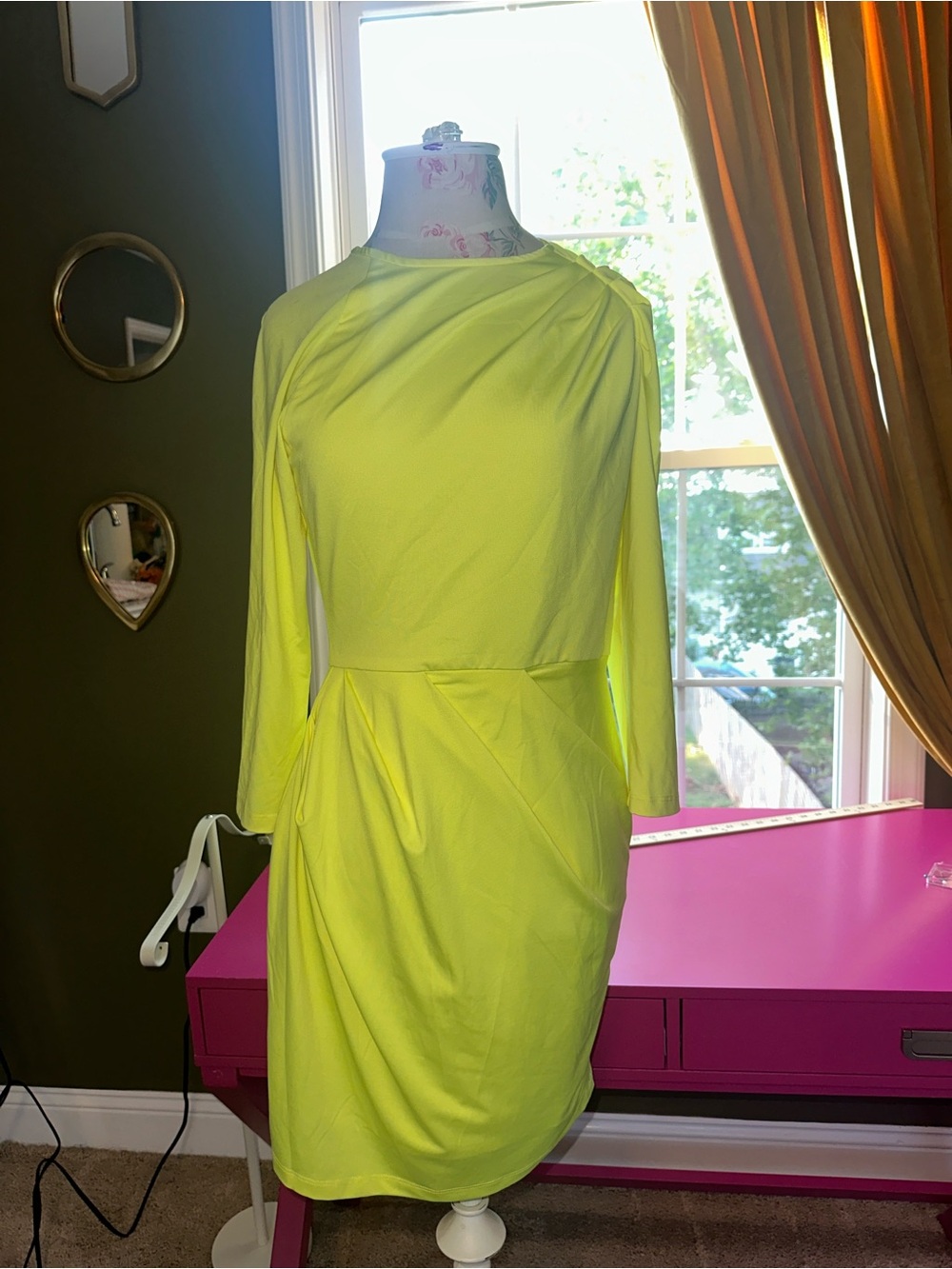Black Halo Neon Yellow Long Sleeve Draped Dress